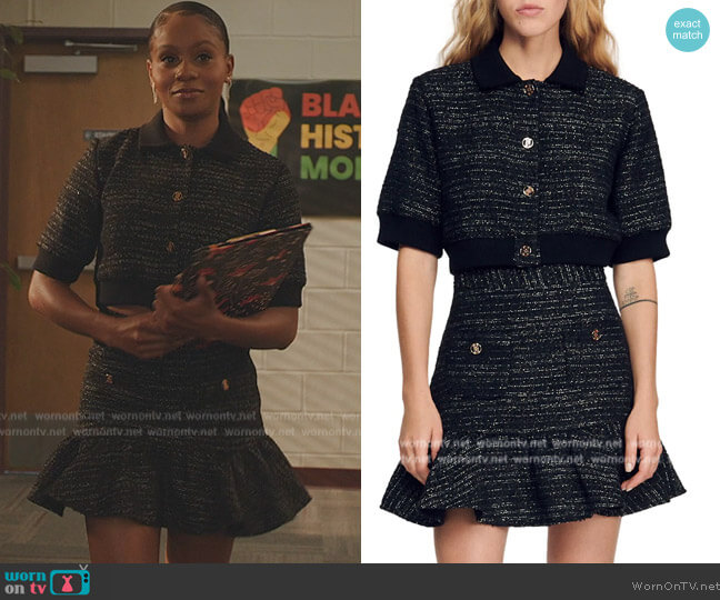 Sandro Othilie Cropped Tweed Jacket and Skirt worn by Simone (Geffri Hightower) on All American Homecoming