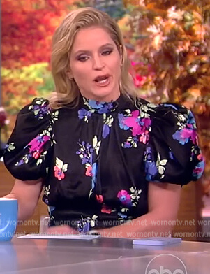 Sara's black satin floral puff sleeve dress on The View
