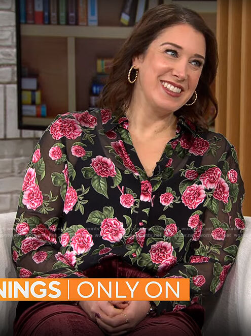 Sarah Gelman’s pink floral blouse and red velvet pants on CBS Mornings