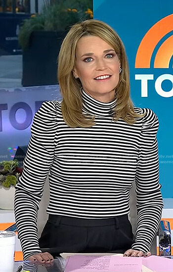 Savannah’s white striped turtleneck top and black skirt on Today
