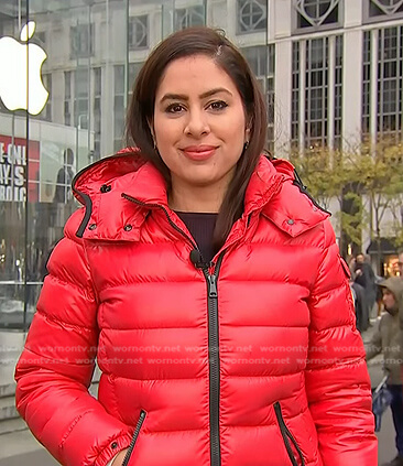 Seema Mody's red padded jacket on NBC News Daily