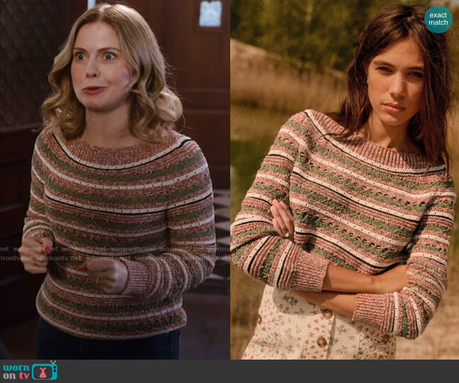 Sezane Marge Sweater in Multicolored Stripes worn by Sam (Rose McIver) on Ghosts