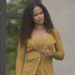 Shanelle’s mustard ribbed cardigan and pants on Reasonable Doubt