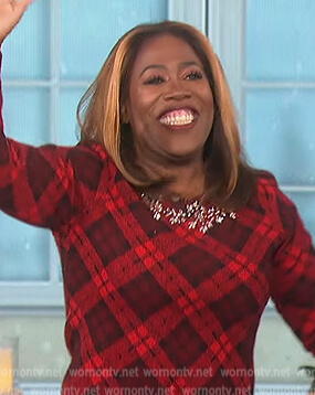 Sheryl’s red plaid embellished sweater on The Talk