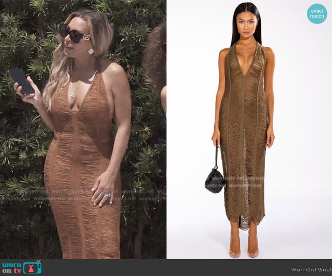 Shop Akira Vacay Vibes Knit Shredded Maxi Dress worn by Karen Huger on The Real Housewives of Potomac