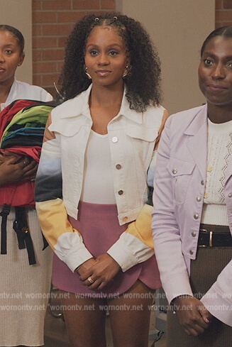Simone’s white denim jacket with painted sleeves on All American Homecoming