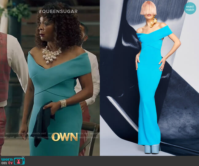 Solace London The Adina Maxi Dress in Blue worn by Violet Bordelon (Tina Lifford) on Queen Sugar