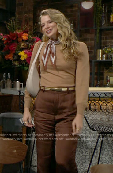 Summer's beige sweater with scarf tie neck on The Young and the Restless