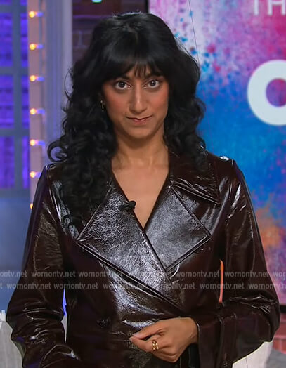 Sunita Mani brown leather jacket and pants on The Kelly Clarkson Show