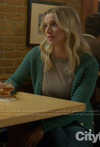 Sylvie’s teal green knit cardigan on Chicago Fire