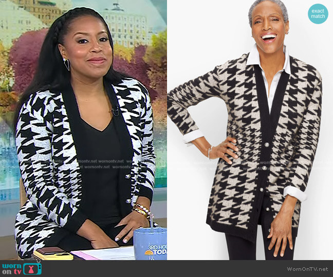 Talbots Houndstooth Jacquard Cardigan worn by Sheinelle Jones on Today