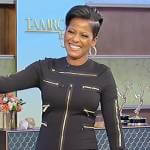 Tamron’s black zipper embellished dress on Tamron Hall Show