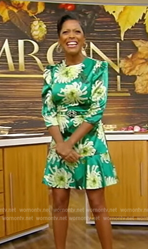 Tamron’s green floral satin mini dress on Tamron Hall Show