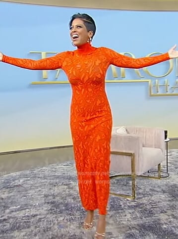 Tamron's red floral lace dress on Tamron Hall Show