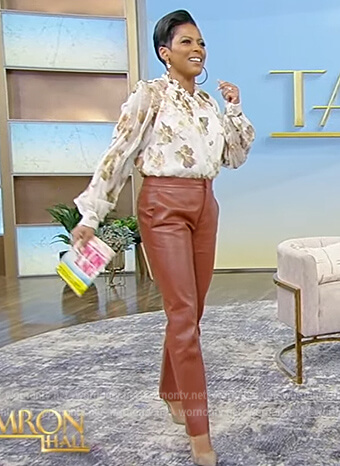 Tamron's floral print blouse and leather pants on Tamron Hall Show