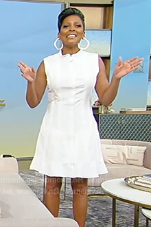 Tamron's white sleeveless poplin dress on Tamron Hall Show