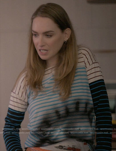 Tess's striped eye t-shirt and rabbit skirt on The L Word Generation Q