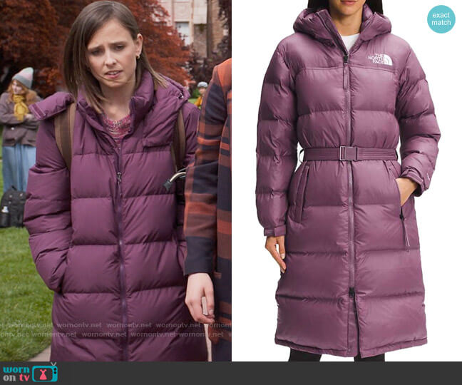 The North Face Nuptse Long Parka worn by Kimberly Finkle (Pauline Chalamet) on The Sex Lives of College Girls