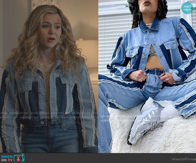 The Ragged Priest Crop Jacket with frayed seams in mixed denim co-ord worn by Courtney Whitemore (Brec Bassinger) on Stargirl