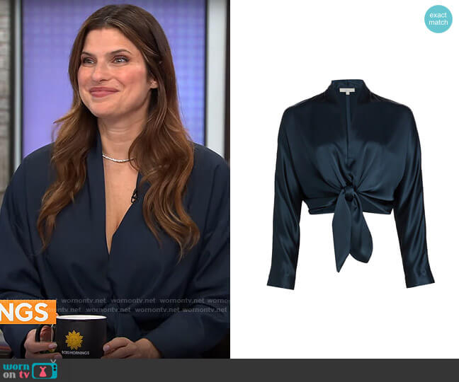 The Sei Tie-Front Silk Blouse in Night worn by Lake Bell on CBS Mornings