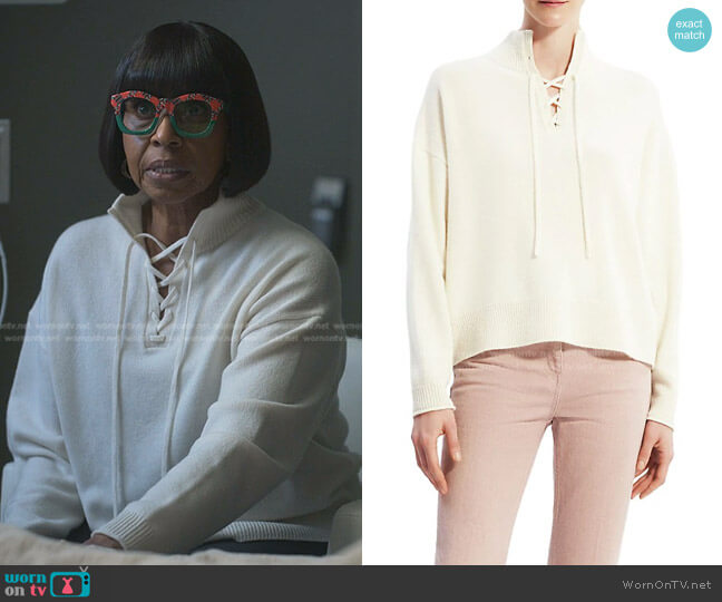Mama Lu’s white lace-up sweater on Reasonable Doubt