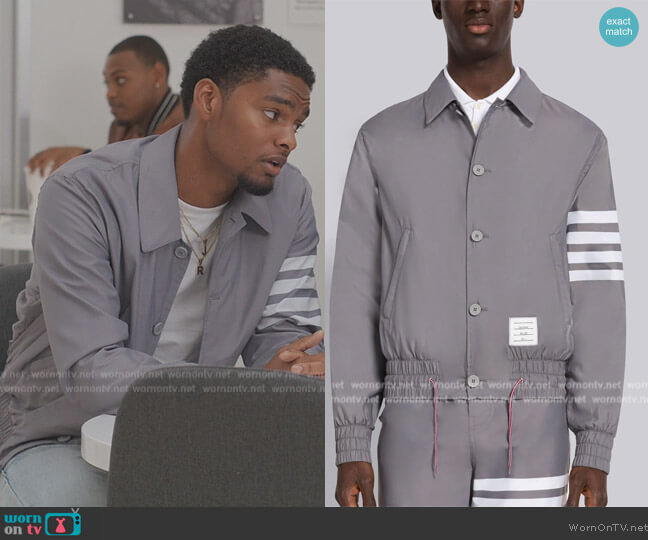 Thom Browne Grey Solid Swim tech 4 bar stripe Jacket worn by JR (Sylvester Powell) on All American Homecoming