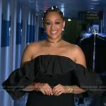 Tia Mowry’s black ruffled off-shoulder jumpsuit on Today