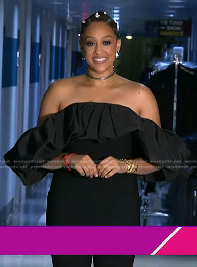Tia Mowry’s black ruffled off-shoulder jumpsuit on Today