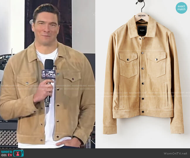 Todd Snyder Italian Suede Snap Dylan Jacket in Cappuccino worn by William Reeve on Good Morning America
