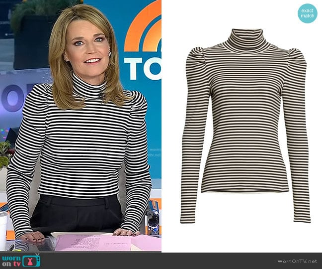 WornOnTV: Savannah’s white striped turtleneck top and black skirt on ...