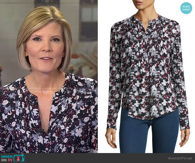 Veronica Beard Goldie Floral Silk Tuxedo Blouse worn by Kate Snow on NBC News Daily