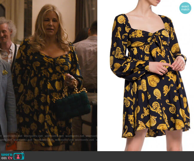 Versace Jeans Couture Dress with denuded shoulders worn by Tanya McQuoid (Jennifer Coolidge) on The White Lotus