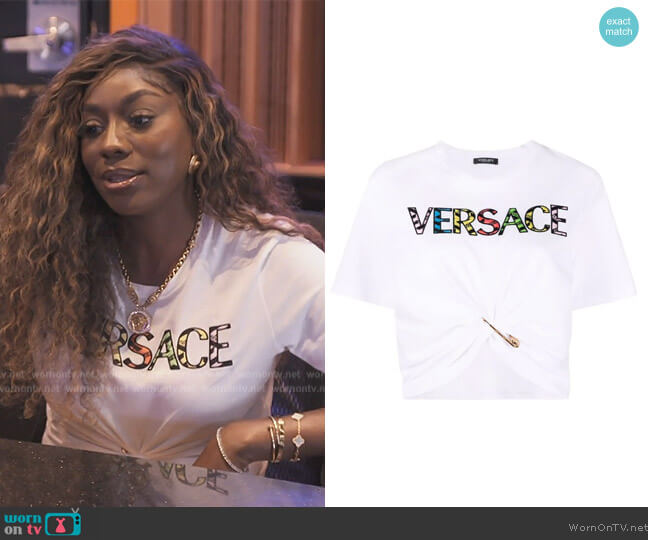 Versace Safety pin logo T-shirt worn by Wendy Osefo on The Real Housewives of Potomac