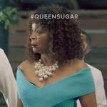 Violet’s turquoise blue off-shoulder dress on Queen Sugar