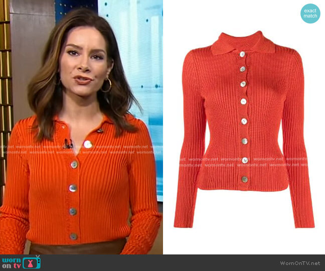 Vince Ribbed Collar Cardigan Sweater worn by Rebecca Jarvis on Good Morning America