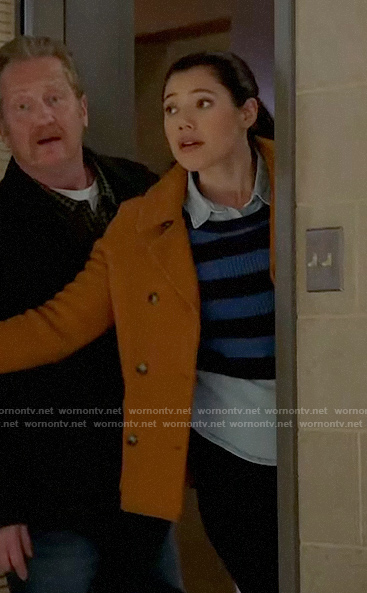 Violet's blue striped layered sweater and yellow coat on Chicago Fire