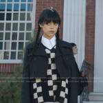 Wednesday’s checkerboard knit vest and croppped jacket on Wednesday