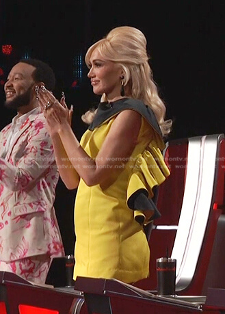 Gwen’s black and yellow ruffle back mini dress on The Voice