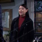 Wendy’s black moto jacket and purple plaid pants on Days of our Lives