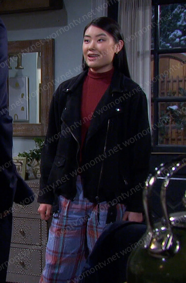 Wendy's black moto jacket and purple plaid pants on Days of our Lives