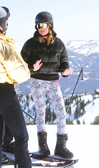 Whitney's black puffer jacket and printed ski pants on The Real Housewives of Salt Lake City