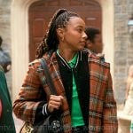 Whitney’s long plaid coat on The Sex Lives of College Girls