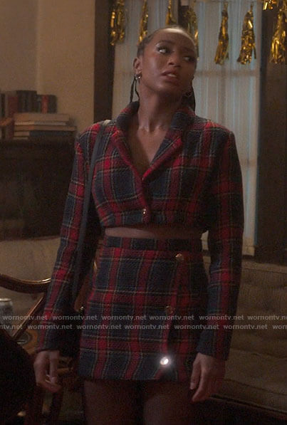 Whitney's plaid crop jacket and skirt set on The Sex Lives of College Girls