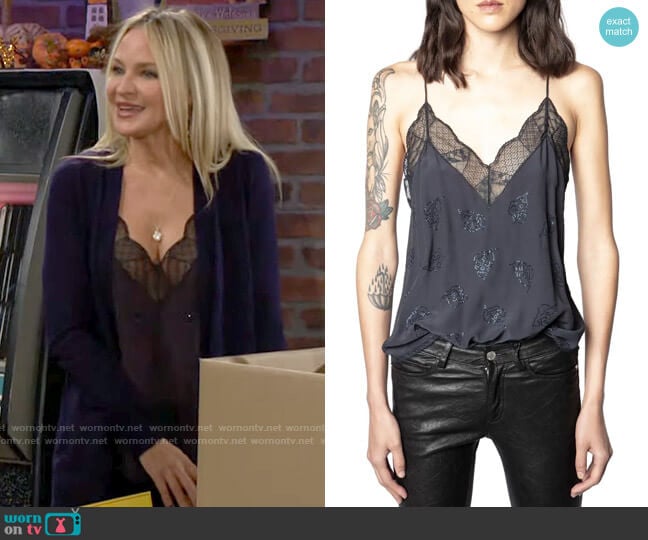 Zadig & Voltaire Christy Embellished Lace Trim Camisole worn by Sharon Newman (Sharon Case) on The Young and the Restless