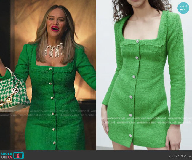 Zara Green Textured Tweed Dress worn by (Luz Cipriota) on Elite