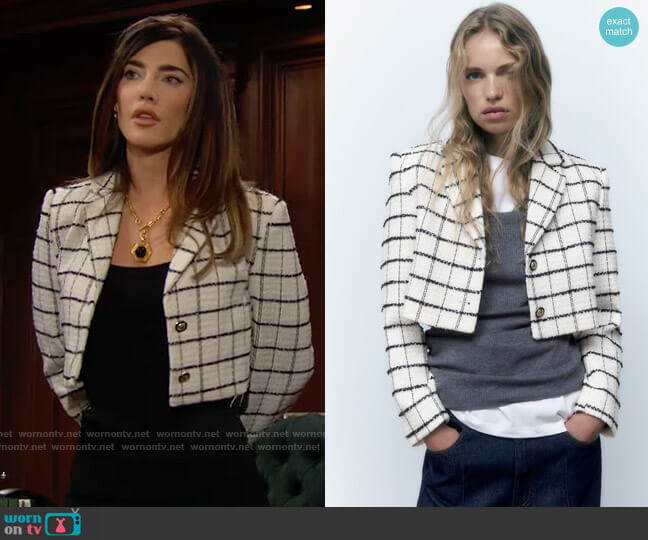 Zara Plaid Cropped Jacket worn by Steffy Forrester (Jacqueline MacInnes Wood) on The Bold and the Beautiful