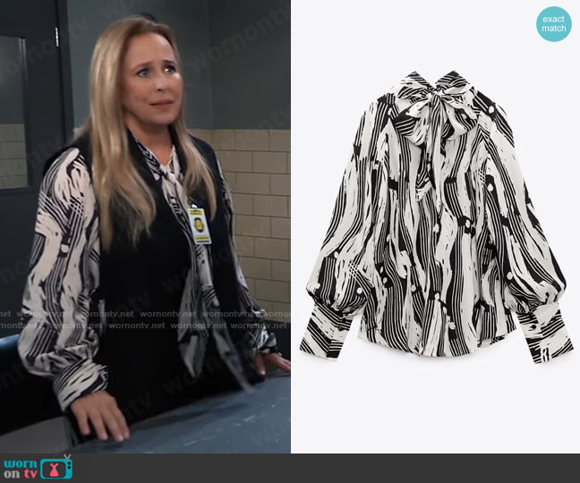 Zara Tied Print Blouse worn by Laura Collins (Genie Francis) on General Hospital