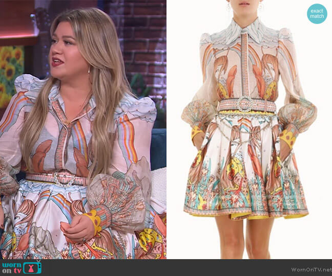 Zimmermann Cosmic Zodiac Shirt and Skirt worn by Kelly Clarkson on The Kelly Clarkson Show