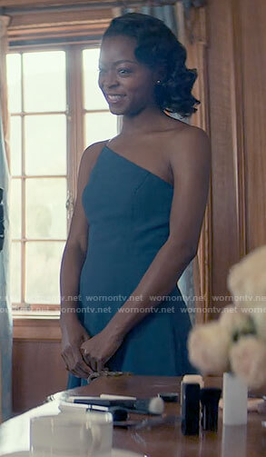 Zora’s teal blue one-shoulder gown on From Scratch