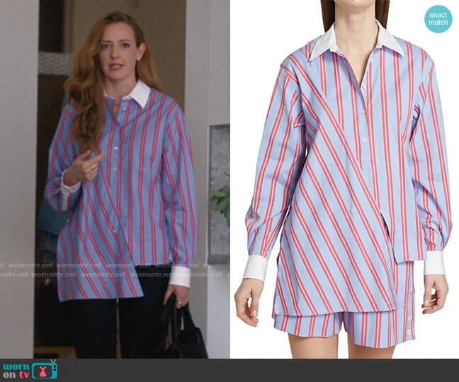 3.1 Phillip Lim Draped Front Stripe Asymmetrical Shirt in Cornflower Blue Red worn by Natalie Bailey (Stephanie Allynne) on The L Word Generation Q